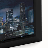Extra large framed canvas featuring a textured depiction of the Houston skyline in black with colorful accents.