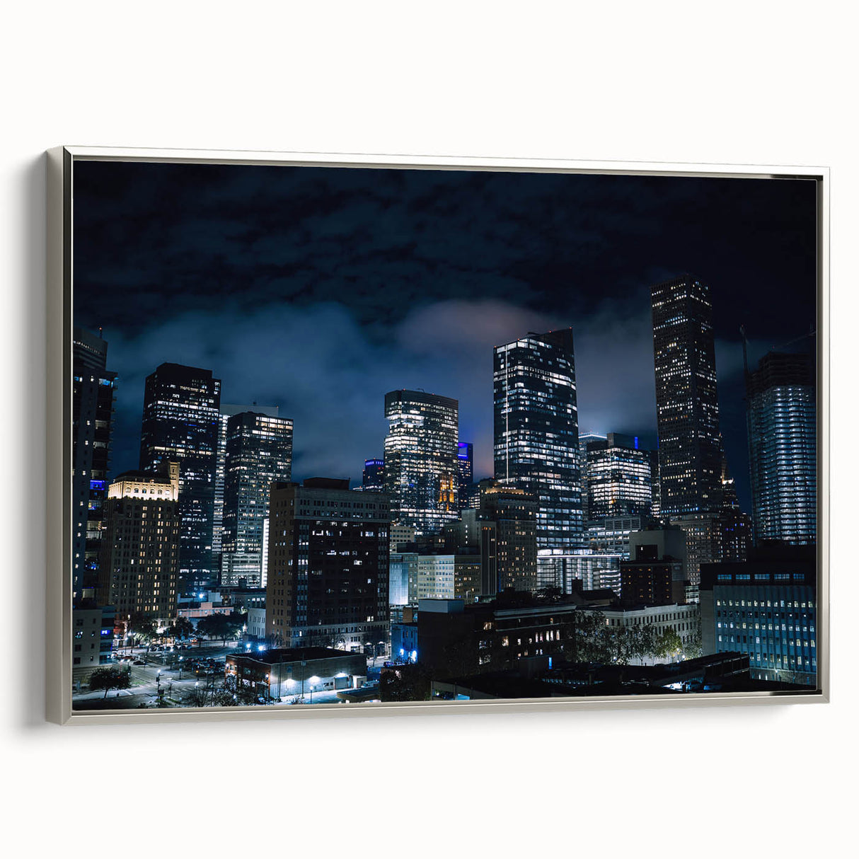 Framed canvas featuring a vintage-style landscape painting of the Houston skyline in vibrant colors, ideal for office decor.