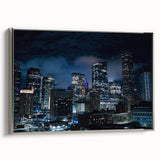 Framed canvas featuring a vintage-style landscape painting of the Houston skyline in vibrant colors, ideal for office decor.
