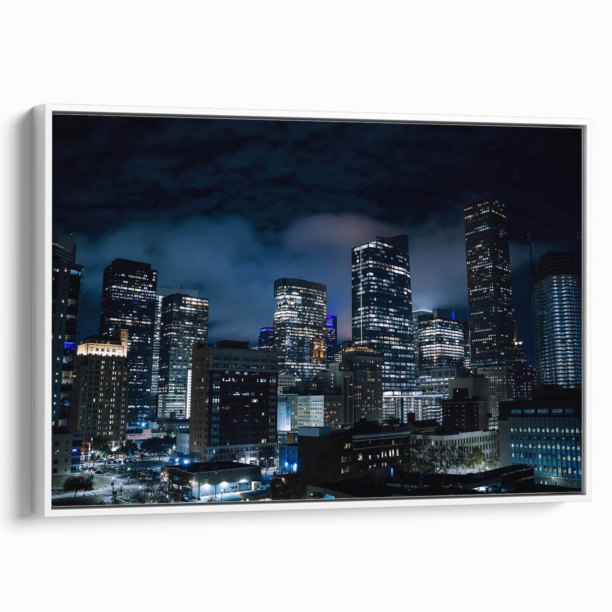 Vintage poster art of Houston skyline in vibrant colors on a large framed canvas, ideal for living room decor.