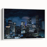 Vintage poster art of Houston skyline in vibrant colors on a large framed canvas, ideal for living room decor.