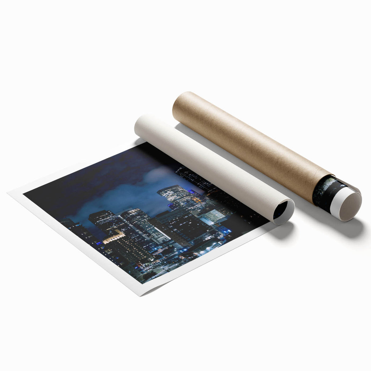 Extra large rolled print of Houston skyline with soft floral overlays in pastel shades.
