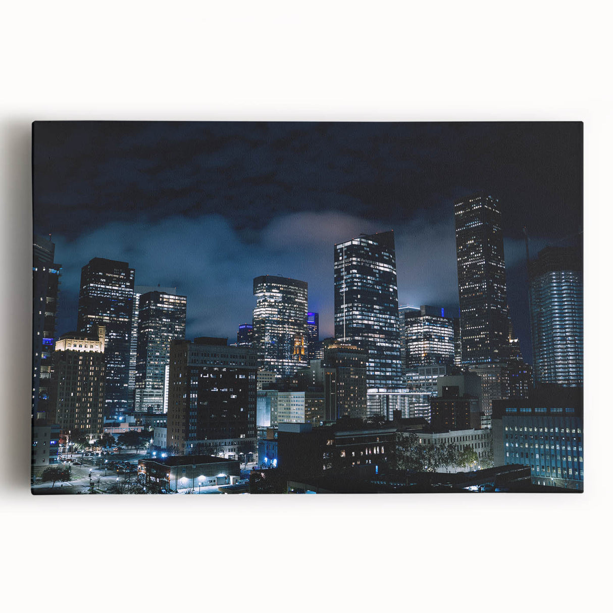 Black and white photo of Houston skyline on large stretched canvas, ideal for kitchen wall art.
