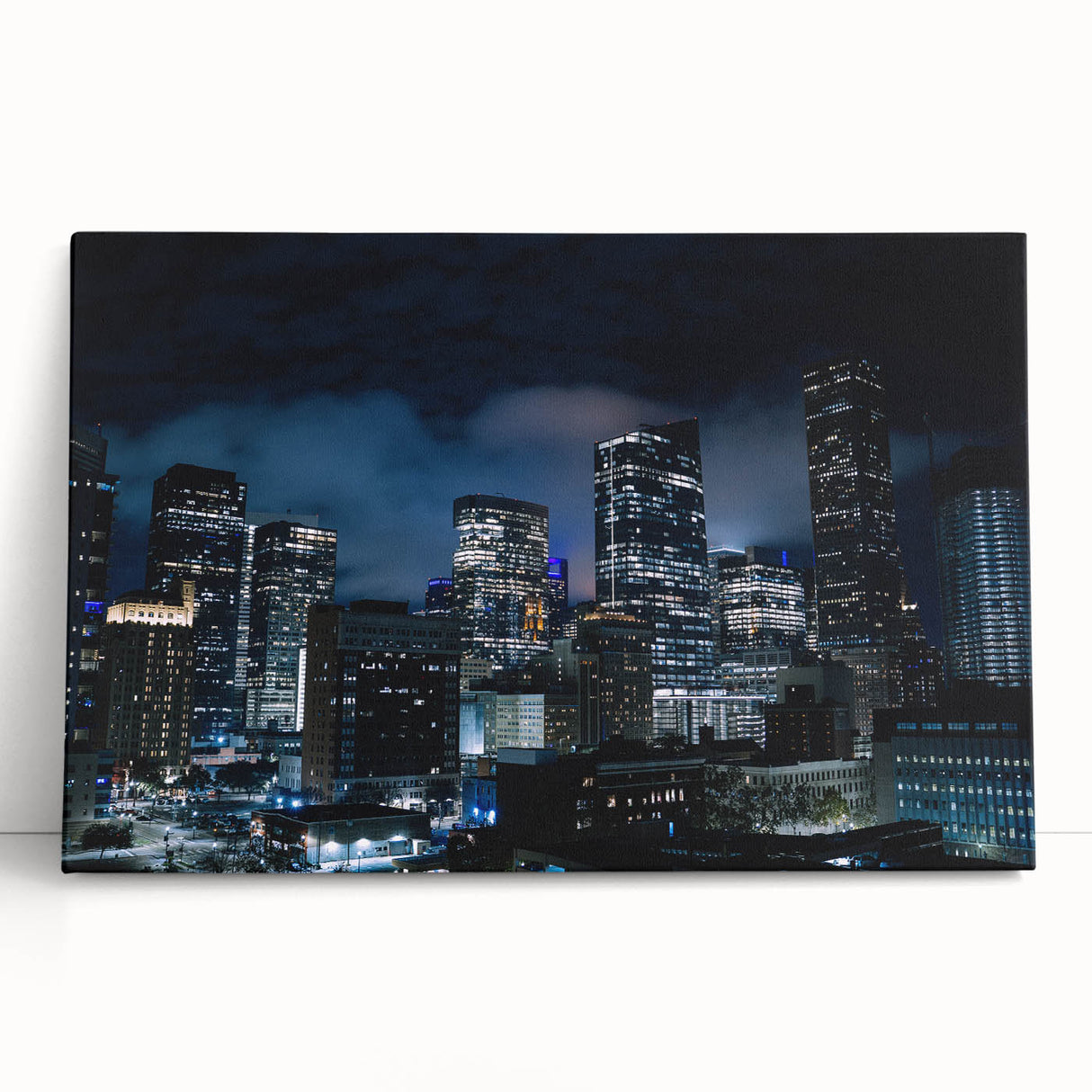 Black and white stretched canvas of Houston skyline, ideal for kitchen wall art or bedroom ambiance.