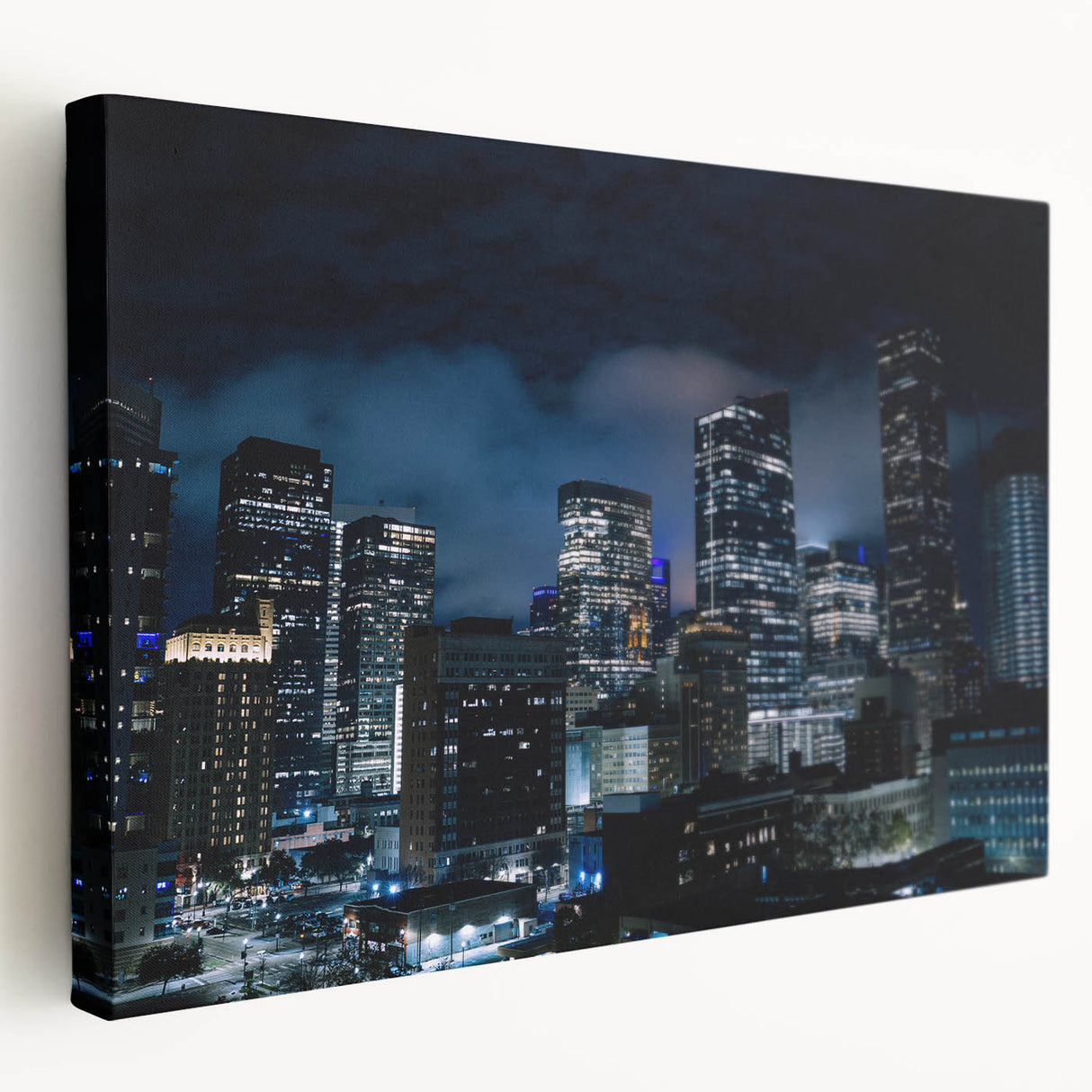 Large canvas print featuring a detailed Houston skyline in muted blue and gray tones, suitable for kitchen wall art.