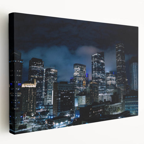 Large canvas print featuring a detailed Houston skyline in muted blue and gray tones, suitable for kitchen wall art.
