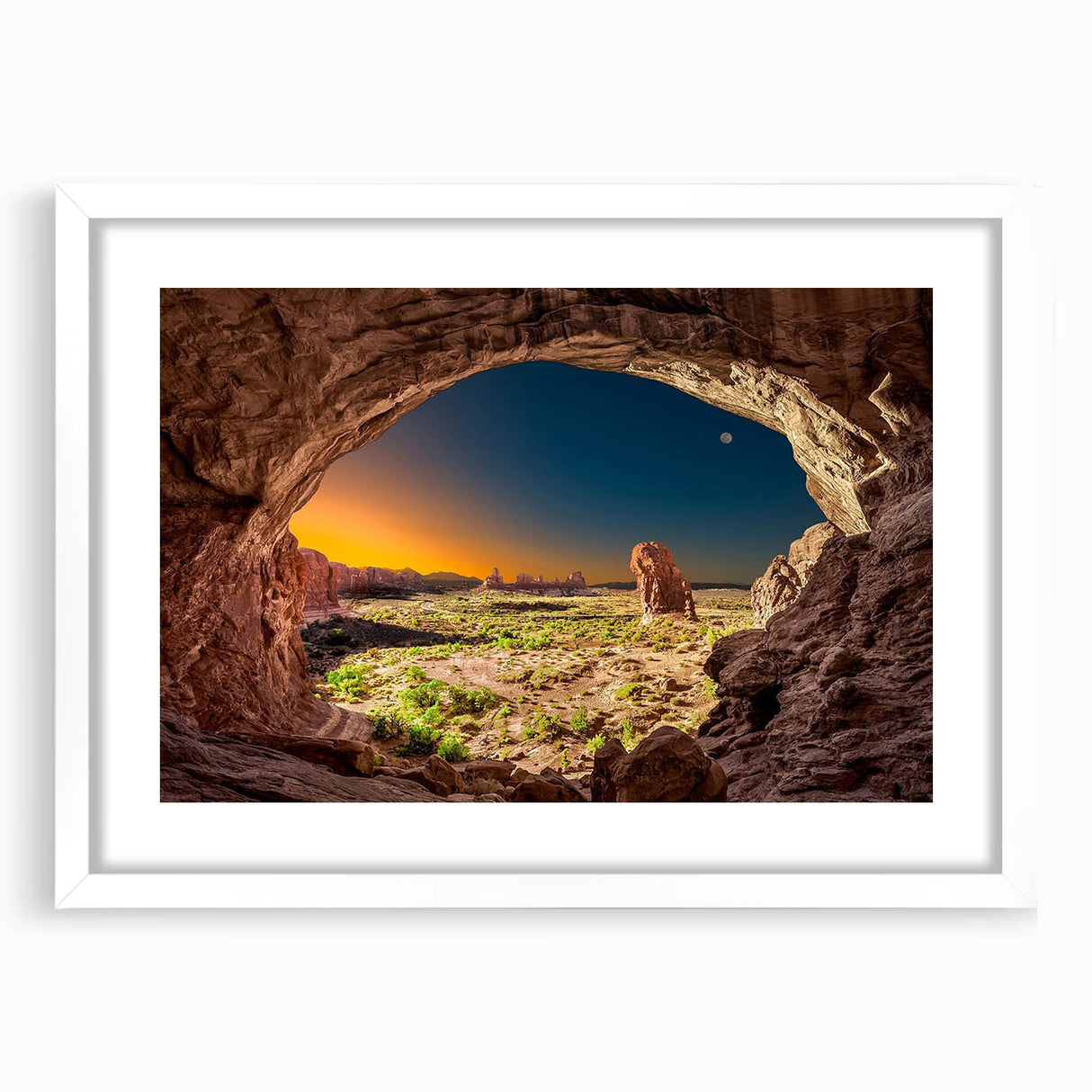 Abstract art print of Arches National Park in muted earth tones on a white-framed mat.