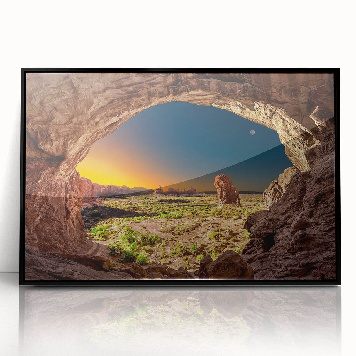 Large abstract wall art depicting Arches National Park in muted earth tones on a framed acrylic.