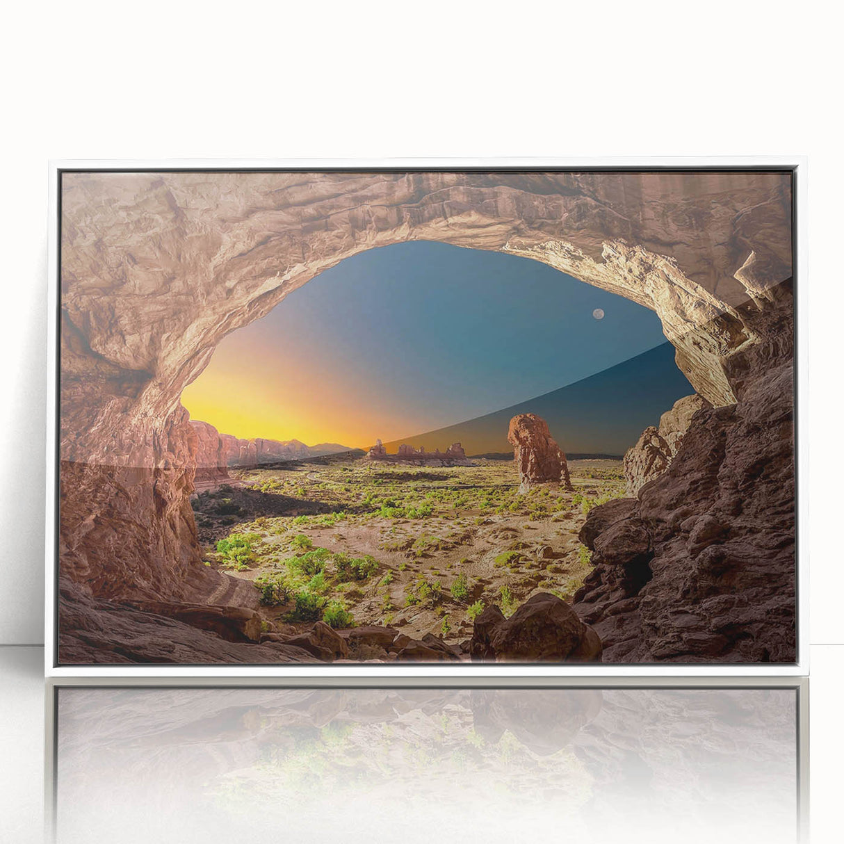 Framed acrylic print of Arches National Park in Utah, featuring earthy red tones and a clear blue sky.