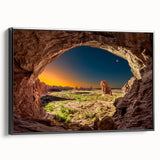 Black and white landscape art of Arches National Park on framed canvas, suitable for bedroom decor.