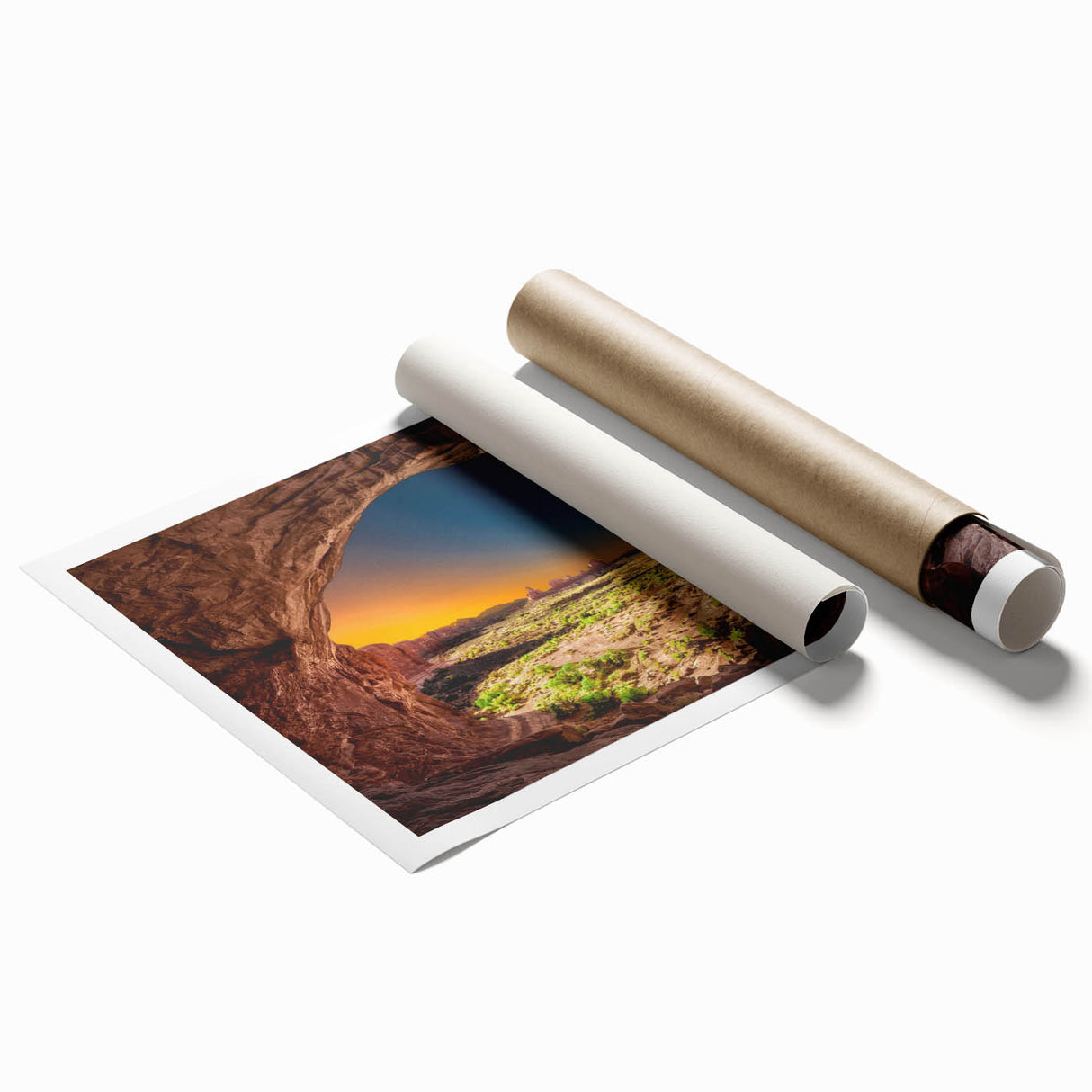 Arches National Park scenery on a rolled print, featuring earthy red and orange tones.