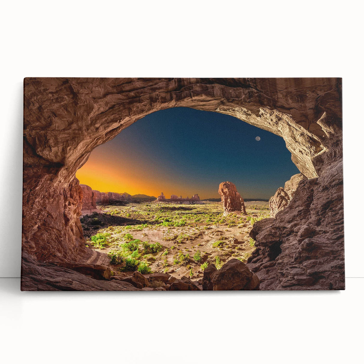 Black and white photograph of the Arches National Park on stretched canvas.