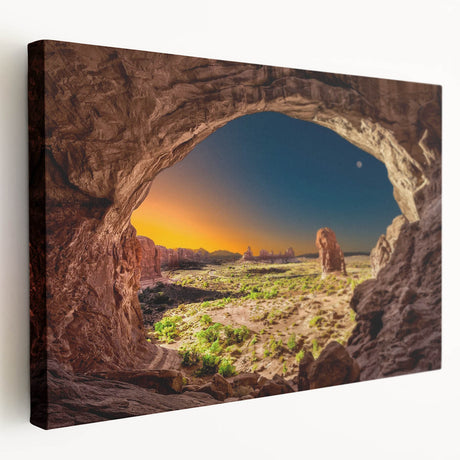 Arches National Park landscape on a large stretched canvas with warm earth tones, ideal for kitchen wall art.