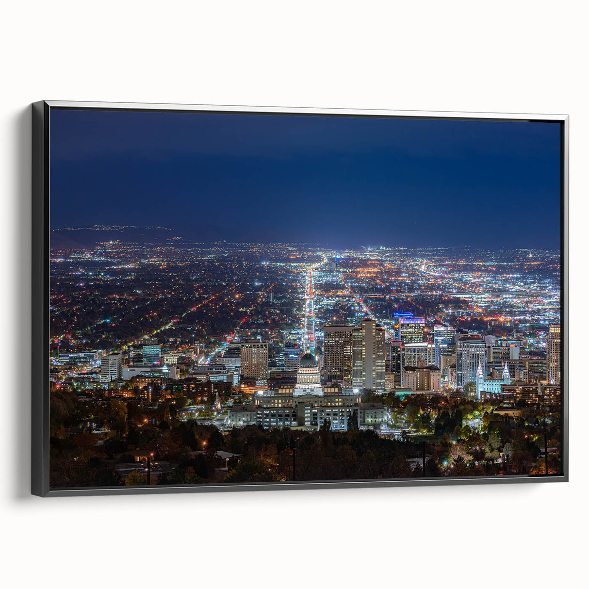 Black and white framed canvas of Salt Lake City landscape, ideal for bedroom wall art.