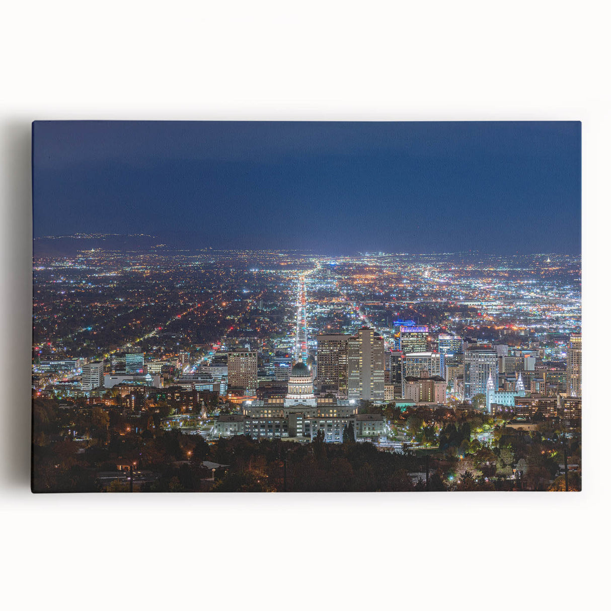 Black and white stretched canvas of Salt Lake City skyline, ideal for kitchen wall art.