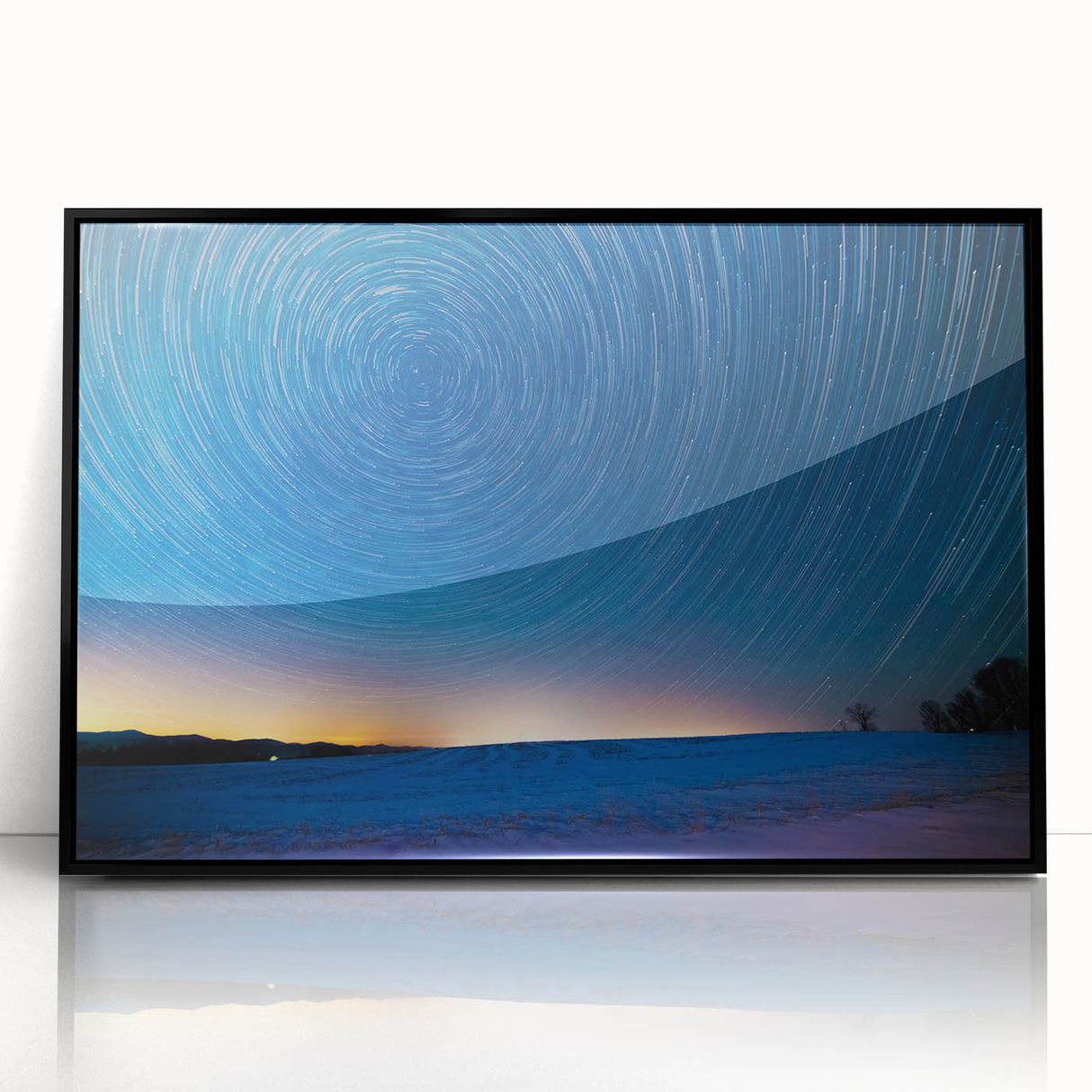 Large abstract wall art depicting a colorful Vermont landscape in mid-century modernist style, framed in black acrylic.