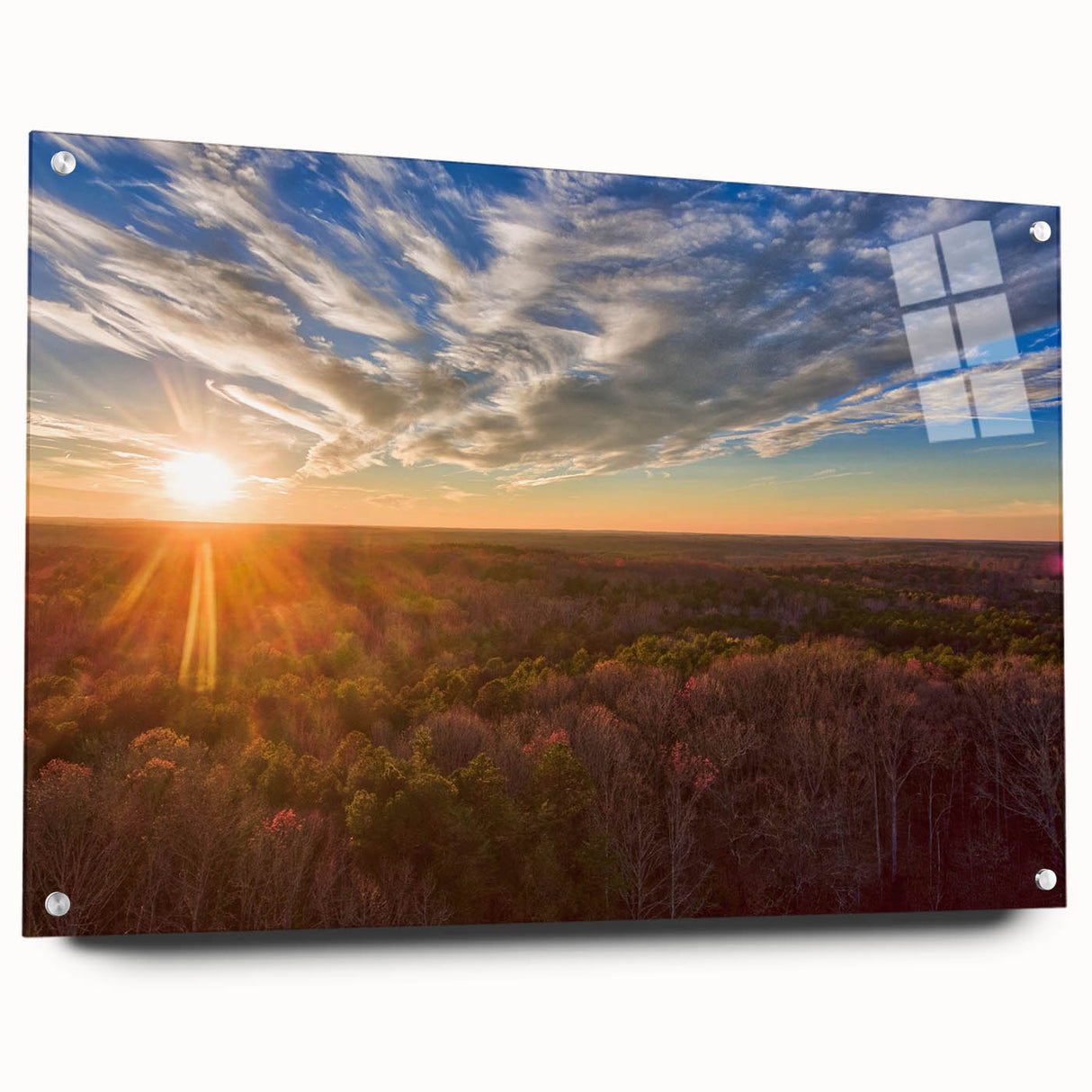 Acrylic print of a large abstract landscape in blue and green tones, suitable for bedroom or dining room decor.