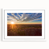 Abstract art print of a Virginia landscape in muted earth tones on a framed white mat, ideal for dining room decor.