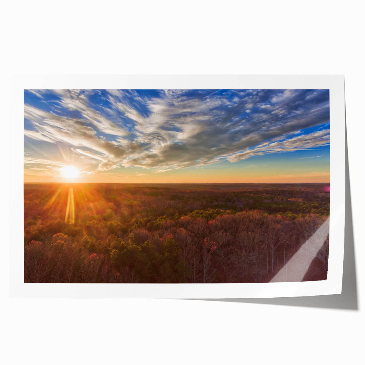 Scenic Virginia landscape on rolled print, featuring soft floral elements and muted green and blue tones.