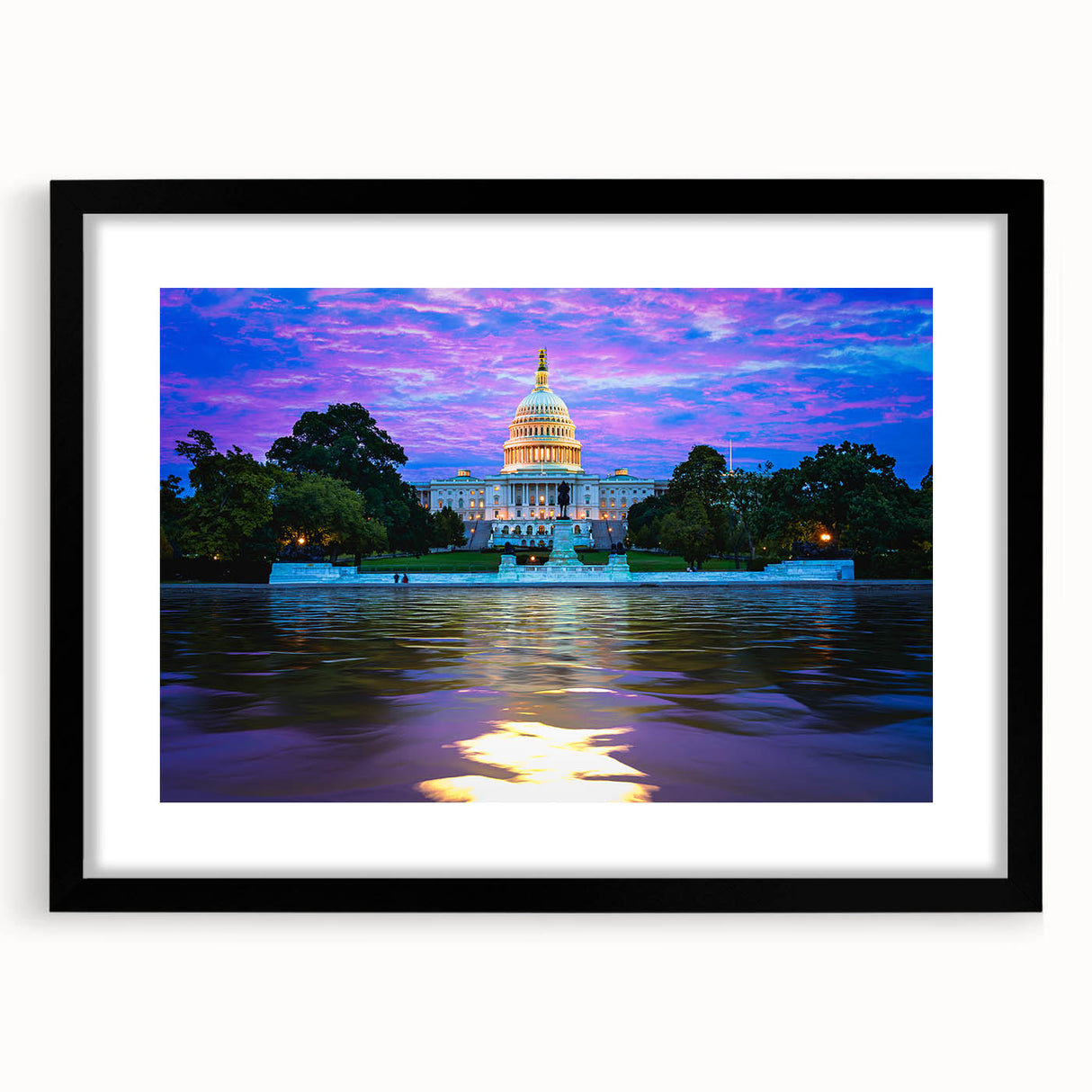 Abstract art print of Washington D.C. Capitol in vibrant colors on a large framed canvas, ideal for living room decor.