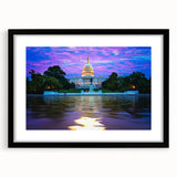 Abstract art print of Washington D.C. Capitol in vibrant colors on a large framed canvas, ideal for living room decor.