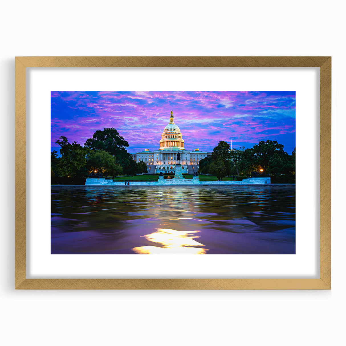 Extra large abstract print of the Washington DC Capitol in muted gray and gold tones on a framed canvas.