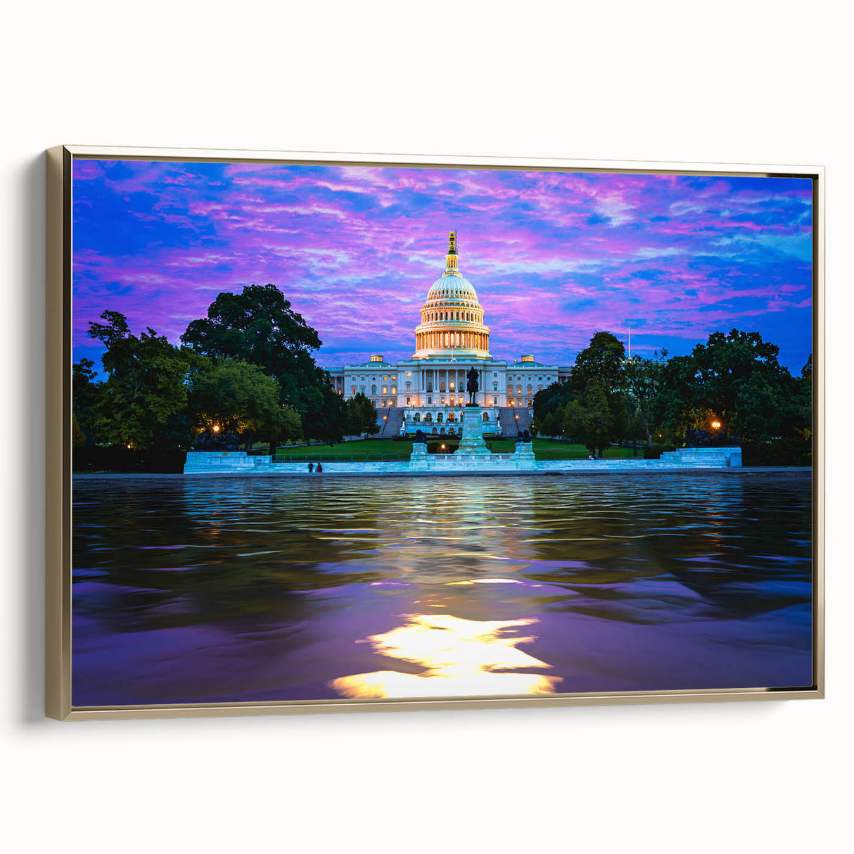 Framed canvas wall art of Washington D.C. Capitol in vintage poster style with black and gold tones, ideal for bedroom decor.