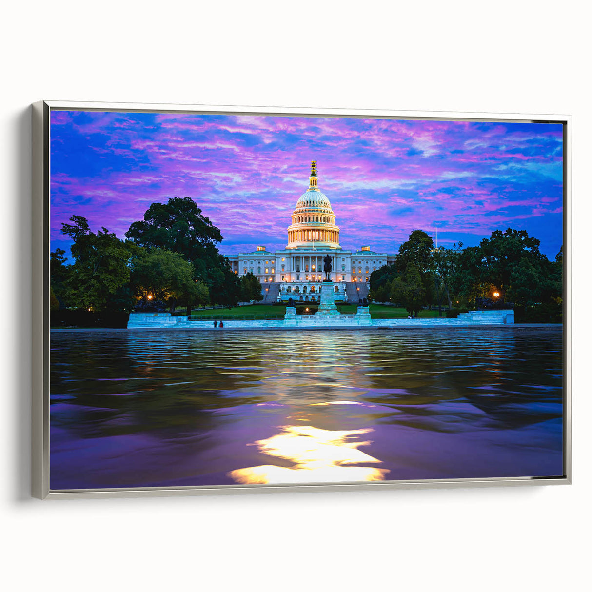 Framed canvas featuring a vintage-style landscape painting of the Washington DC Capitol in muted silver and black tones.