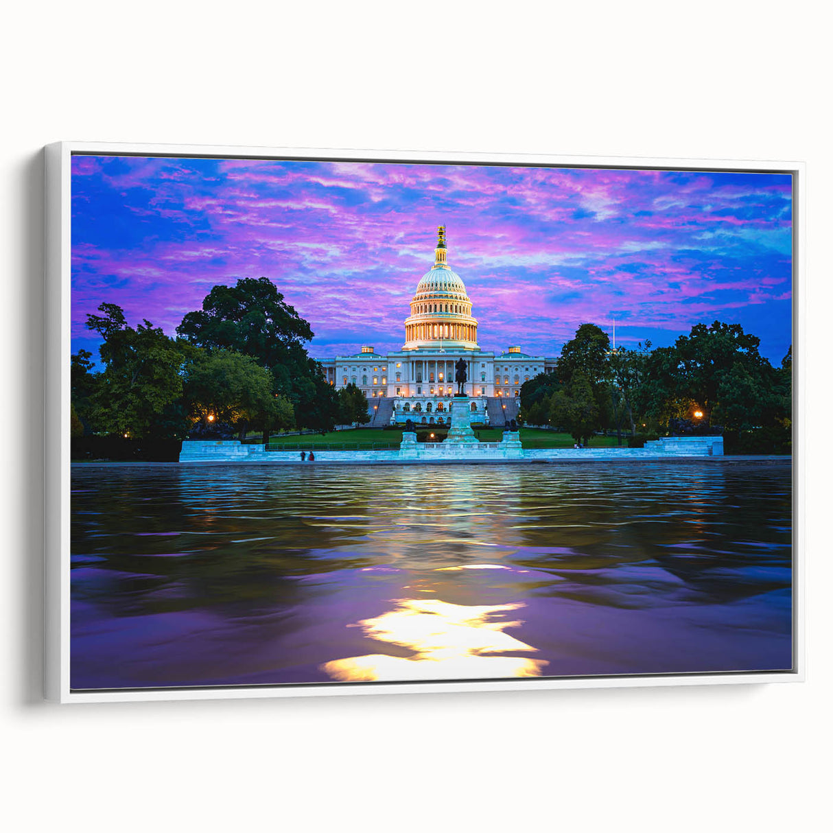 Vintage poster art of Washington D.C. Capitol on framed canvas, featuring a monochrome palette, ideal for living room decor.
