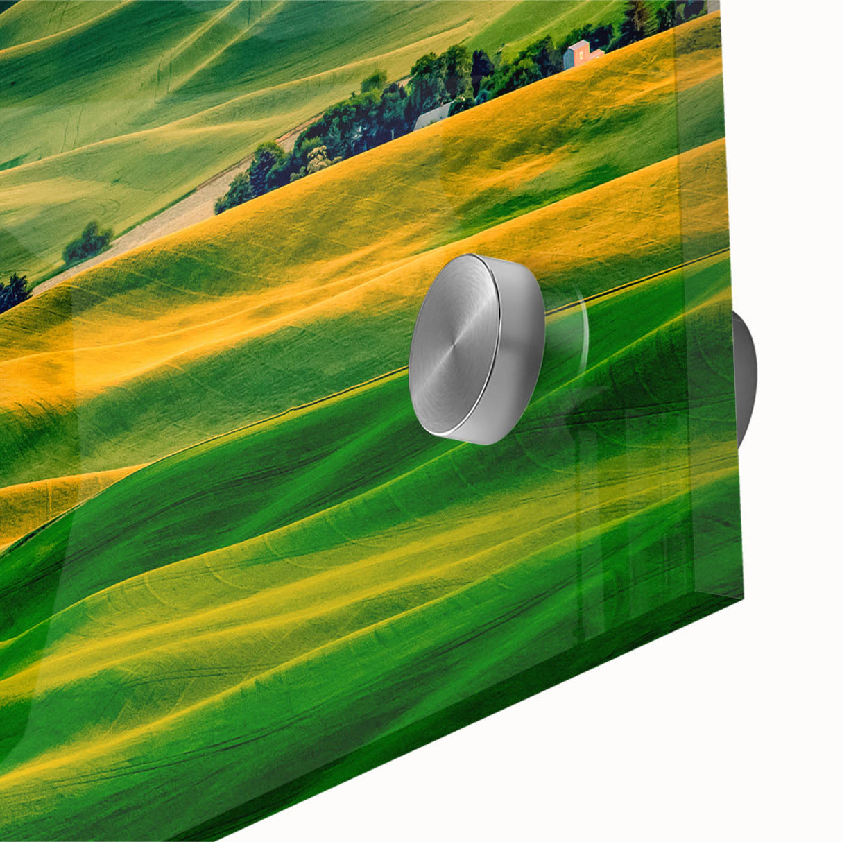Large abstract wall art depicting Palouse, Washington in muted earth tones on acrylic glass, ideal for dining room ambiance.