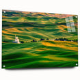 Acrylic print of the Palouse scenery in Washington, featuring green rolling hills under a cloudy sky.