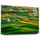 Acrylic print of the Palouse scenery in Washington, featuring green rolling hills under a cloudy sky.