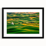Extra large, textured abstract art print of colorful Palouse landscape on a black framed canvas, ideal for living room decor.