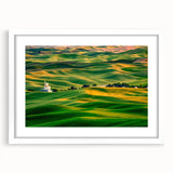 Abstract art print of Palouse hills in muted green and brown on a white framed canvas, suitable for dining room decor.