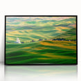Large abstract wall art depicting the Palouse hills in muted earth tones on a framed acrylic.
