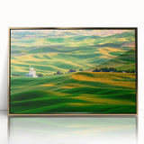 Large art print of the Palouse hills in Washington, mid-century modernist style with muted earth tones.