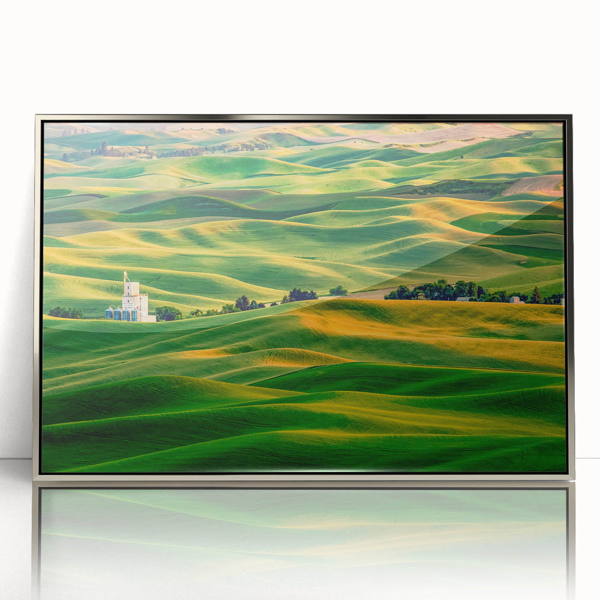 Mid-century modernist art depicting the Palouse landscape in muted earth tones on a framed acrylic print.