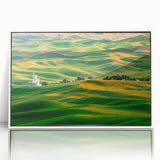 Acrylic print of Palouse scenery, Washington, in a white frame, featuring soft green and tan fields.