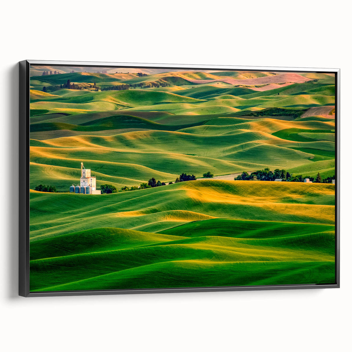 Black and white landscape art painting of the Palouse region on framed canvas, ideal for bedroom decor.