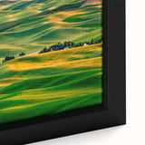 Close-up of textured black wall art depicting Palouse, Washington, on framed canvas, with vibrant colors.