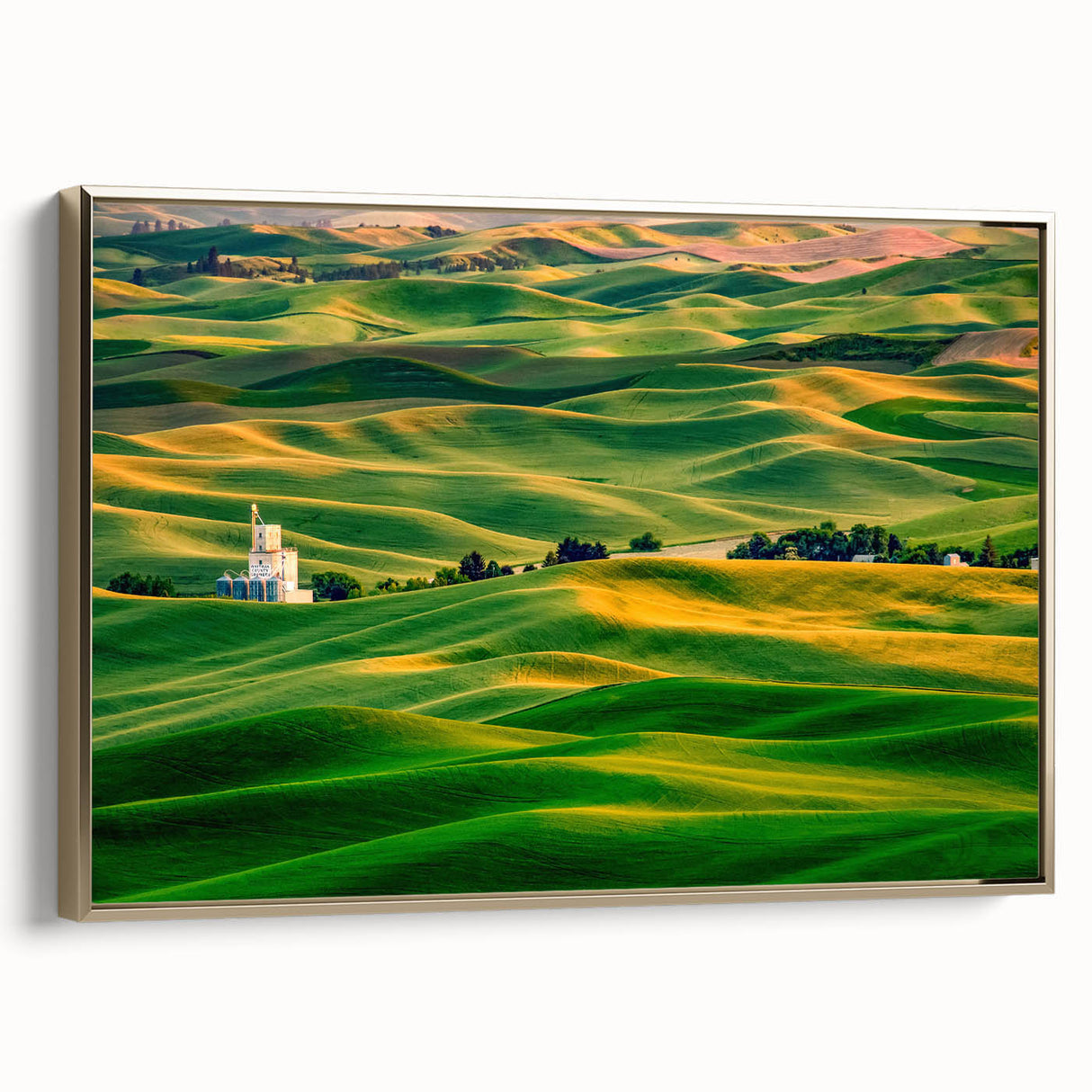 Framed canvas landscape art of Palouse, Washington in muted earth tones, ideal for bedroom decor.
