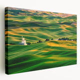 Landscape of Palouse, Washington on a stretched canvas, showcasing rolling green hills, ideal for kitchen wall art.