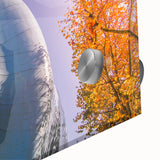 Large abstract wall art of Seattle skyline in muted earth tones on acrylic glass, ideal for dining room ambiance.