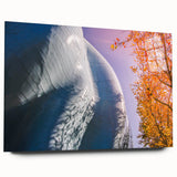 Large abstract wall art of Seattle skyline in muted blue tones on acrylic glass, ideal for bedroom or dining room decor.