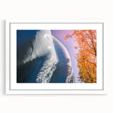 Abstract art print of Seattle skyline in muted gray and blue tones on a framed poster, suitable for dining room decor.