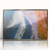 Framed acrylic print of Seattle skyline in muted gold and blue tones, ideal for modern art wall decor.