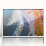 Acrylic print of Seattle skyline in monochrome, framed in white, suitable for modern art wall decor.