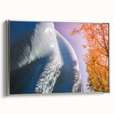 Framed canvas depicting a vintage-style Seattle landscape with a palette of black and colorful art, ideal for office decor.