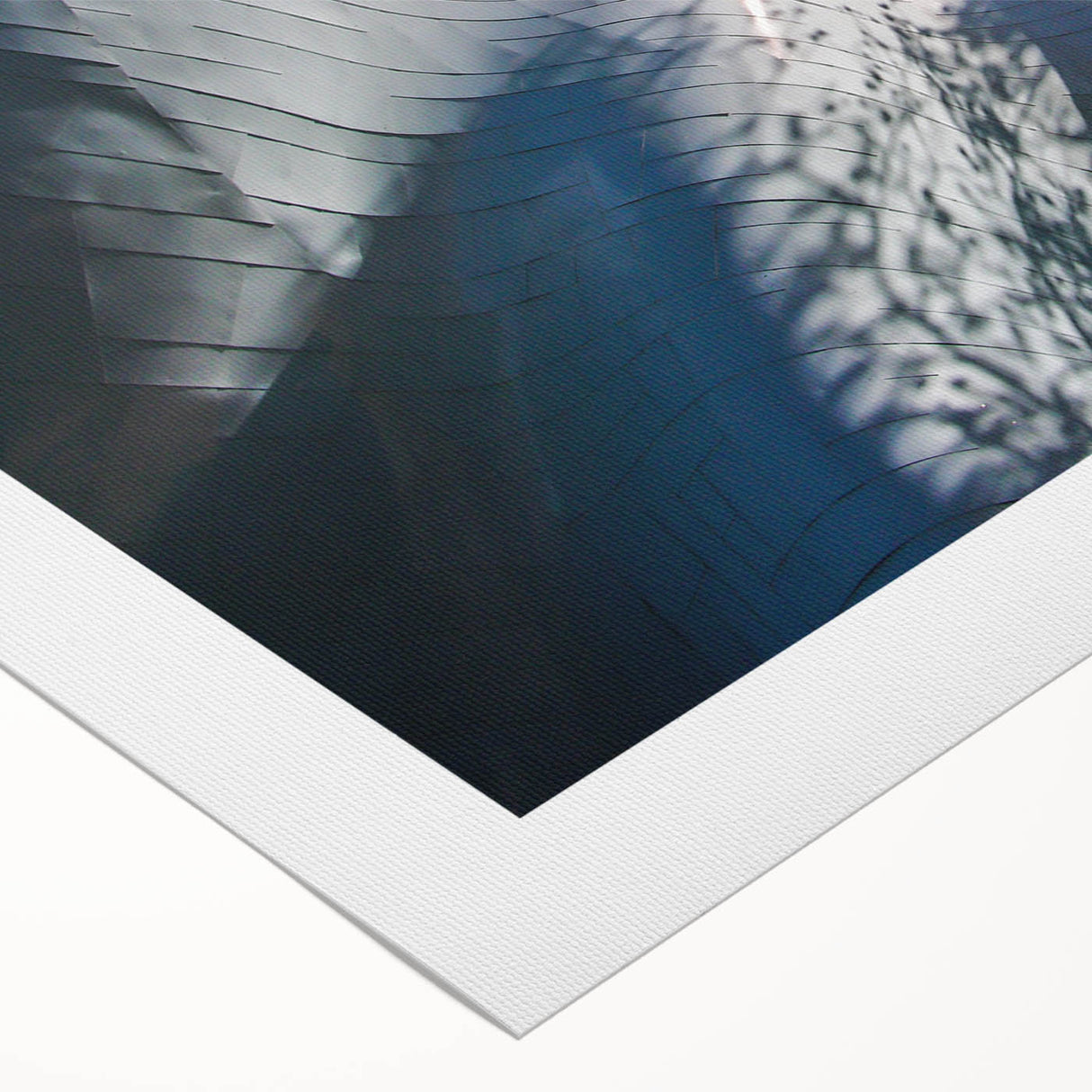 Art deco poster of Seattle skyline in muted blue tones on rolled canvas, ideal for dining room wall art.