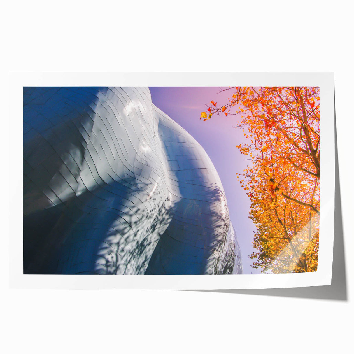Extra large rolled print of Seattle skyline with muted blue and gray tones, ideal for art wall dining room.